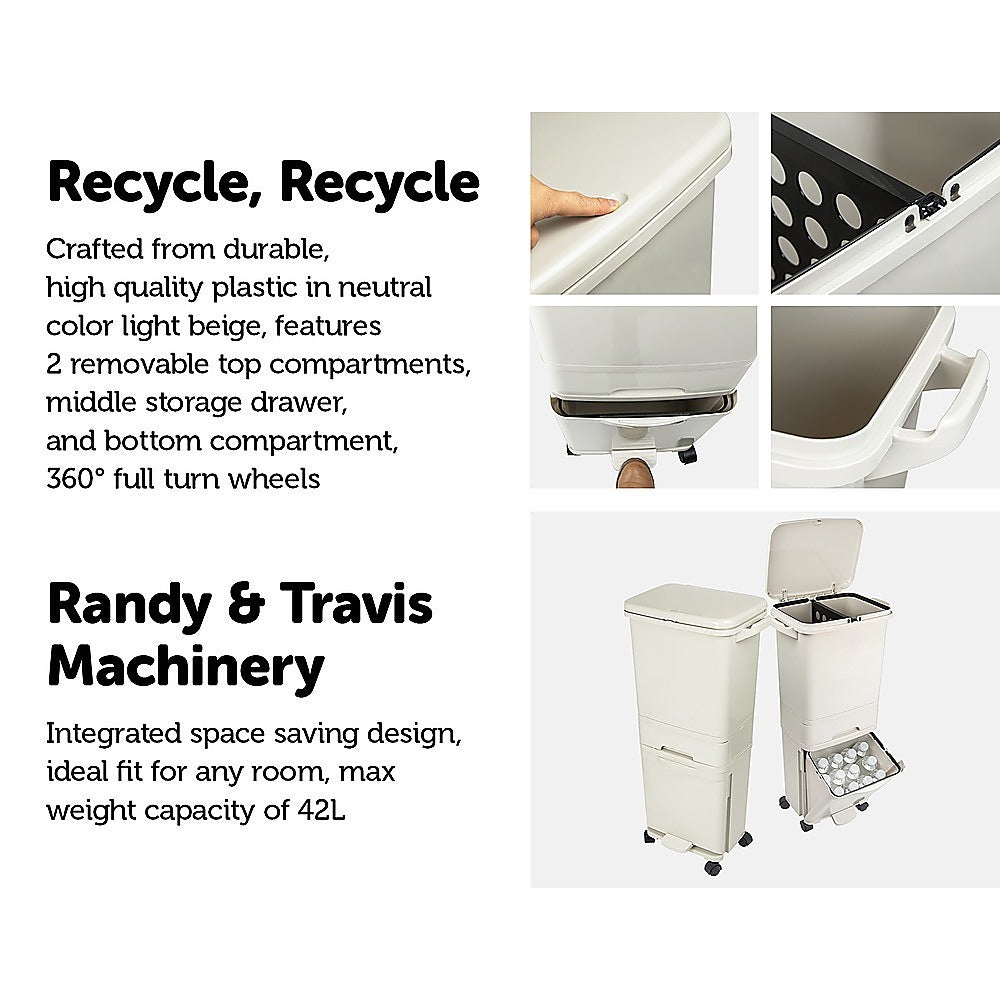 42L Rubbish Bin Waste Trash Can Pedal Recycling Kitchen Wheel 2 Compartment