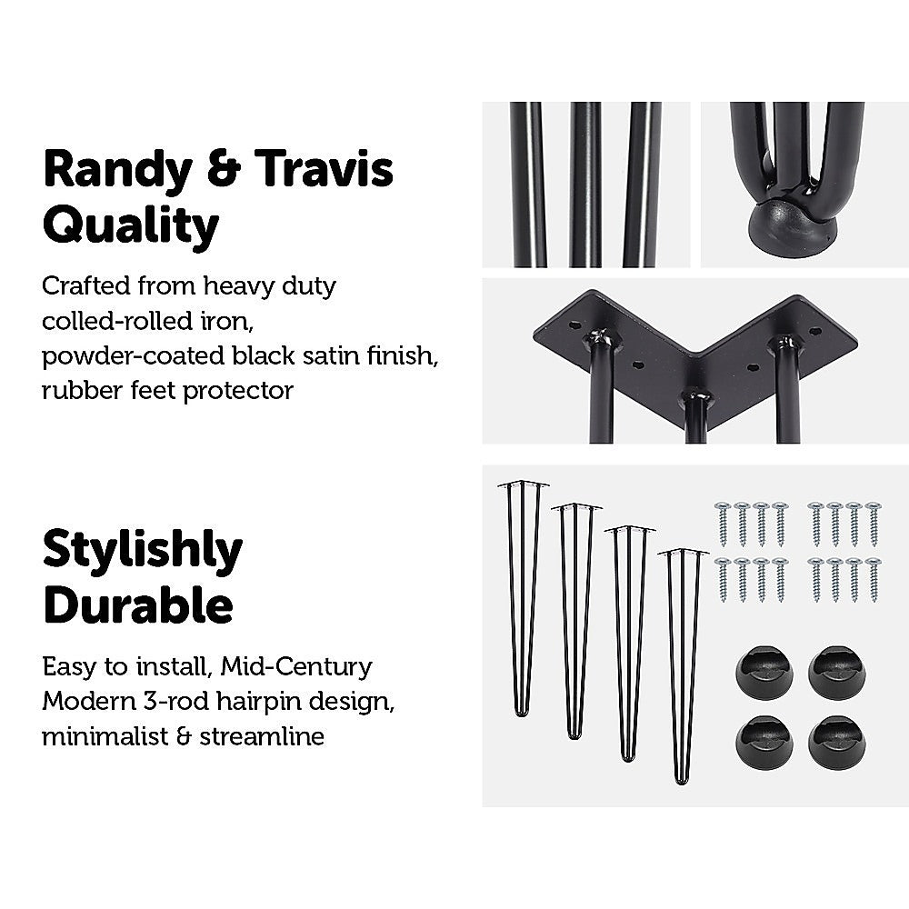 Set of 4 Industrial 3-Rod Retro Hairpin Table Legs 12mm Steel Bench Desk - 71cm Black