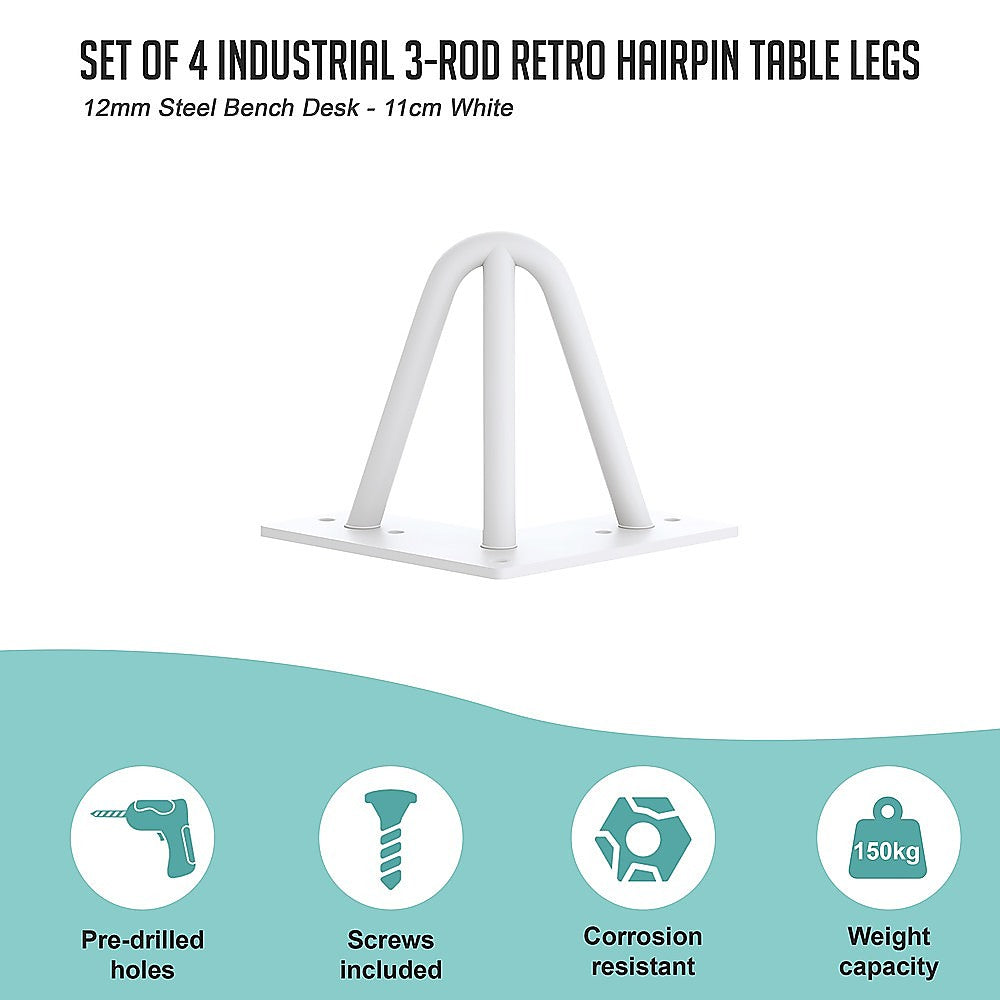 Set of 4 Industrial 3-Rod Retro Table Legs 12mm Steel Bench Desk - 11cm White
