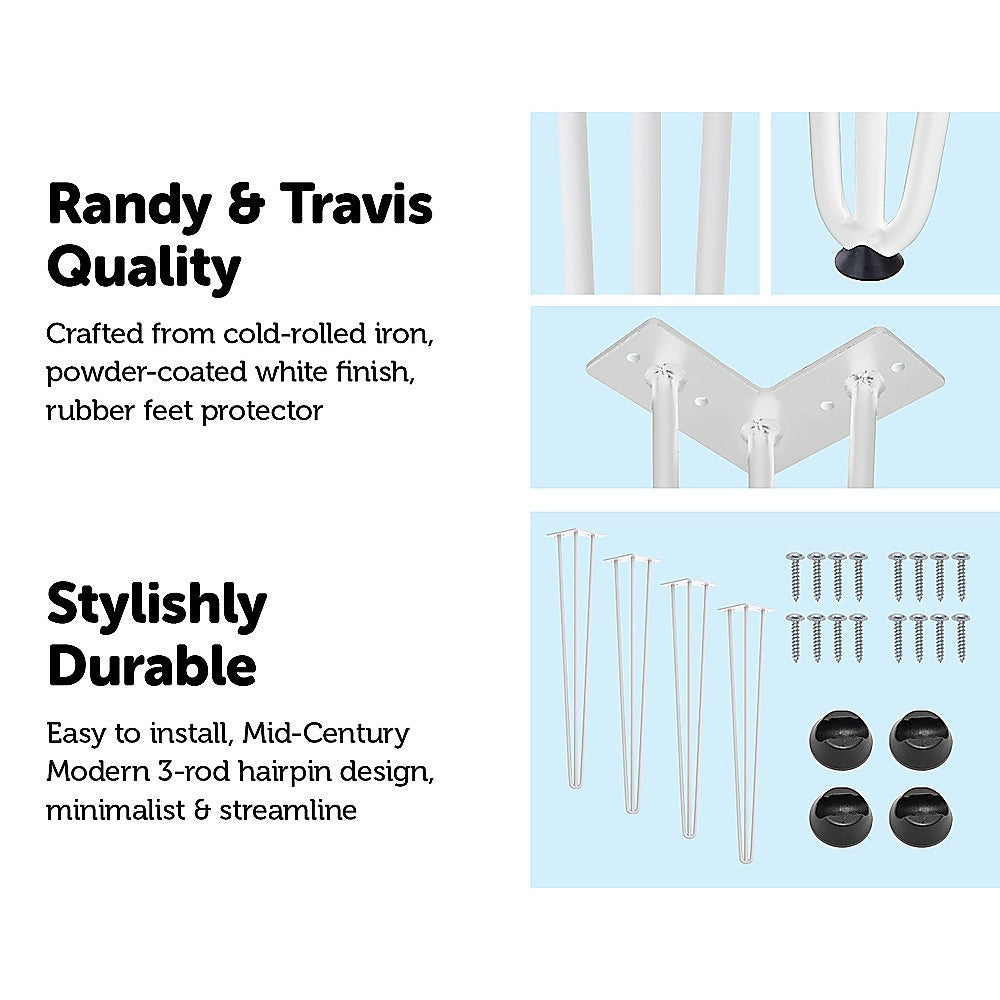 Set of 4 Industrial 3-Rod Retro Hairpin Table Legs 12mm Steel Bench Desk - 71cm White