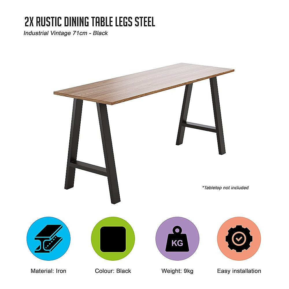 2x Rustic Dining Table Legs Steel Industrial Vintage 71cm - Black