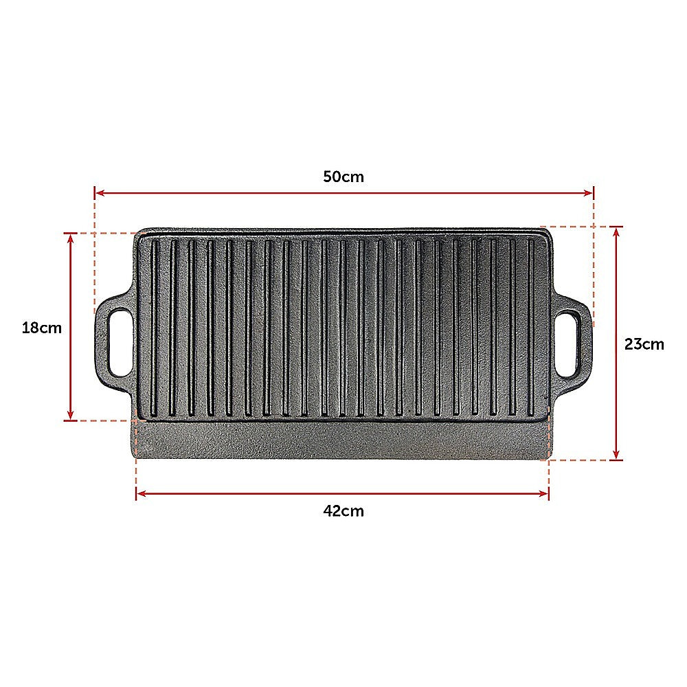 46x22 cm Cast Iron Reversible Griddle Plate BBQ Hob Cooking Grill Pan