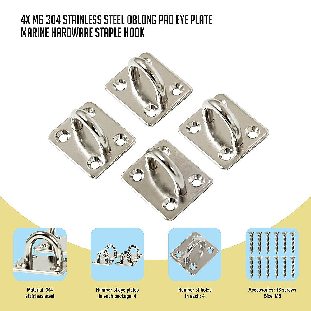 4X M6 304 Stainless Steel Oblong Pad Eye Plate Marine Hardware Staple Hook