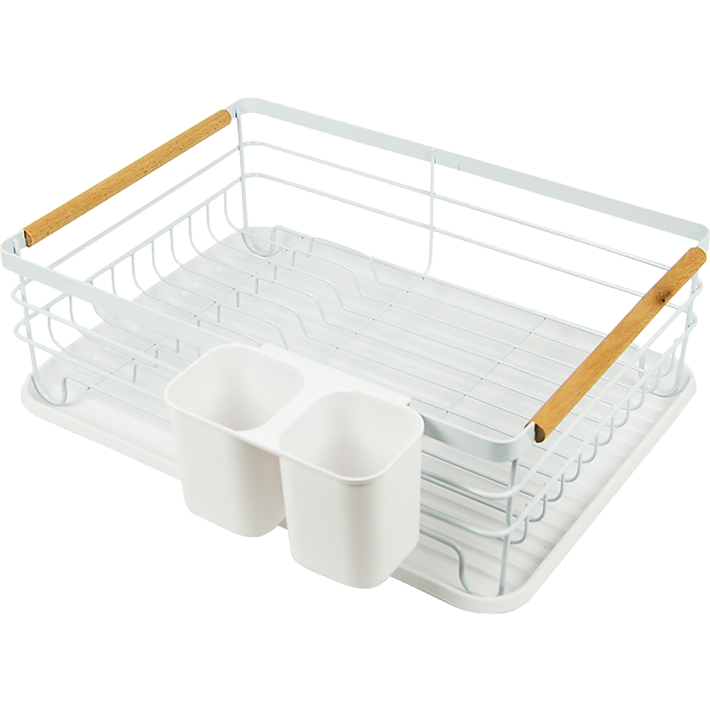 Metal Dish Drying Rack Drainboard Holder Tray Kitchen Plates Cutlery Wood Handle