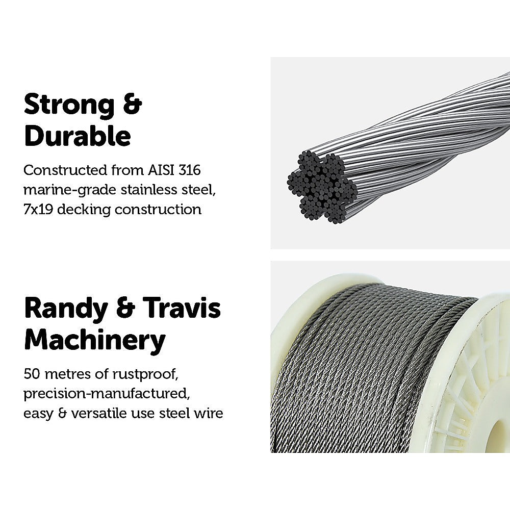 50M 316 Marine Stainless Steel Wire Rope Cable Decking Balustrade Rigging 7x19 4mm