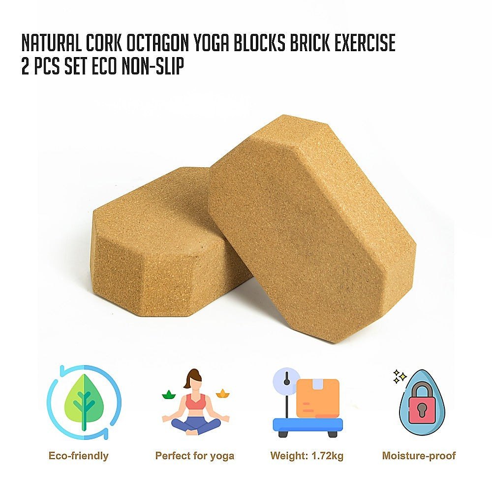 Natural Cork Octagon Yoga Blocks Brick Exercise 2 pcs Set Eco Non-Slip