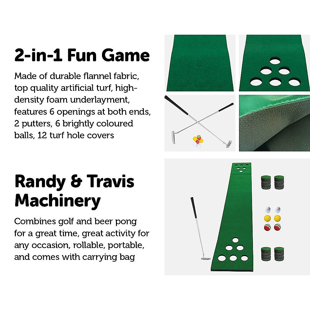 Golf Beer Pong Game Toy Set Green Golf Putting Matt with 2 Putters, 6 Balls