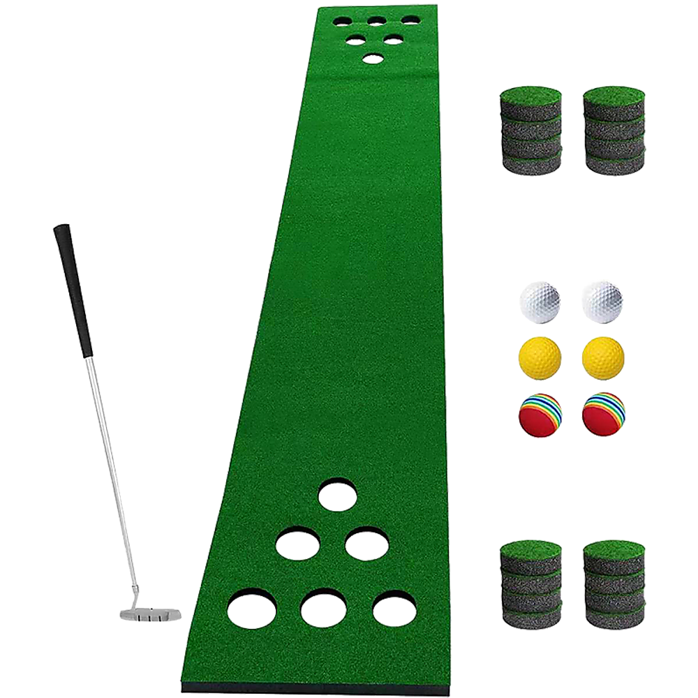 Golf Beer Pong Game Toy Set Green Golf Putting Matt with 2 Putters, 6 Balls