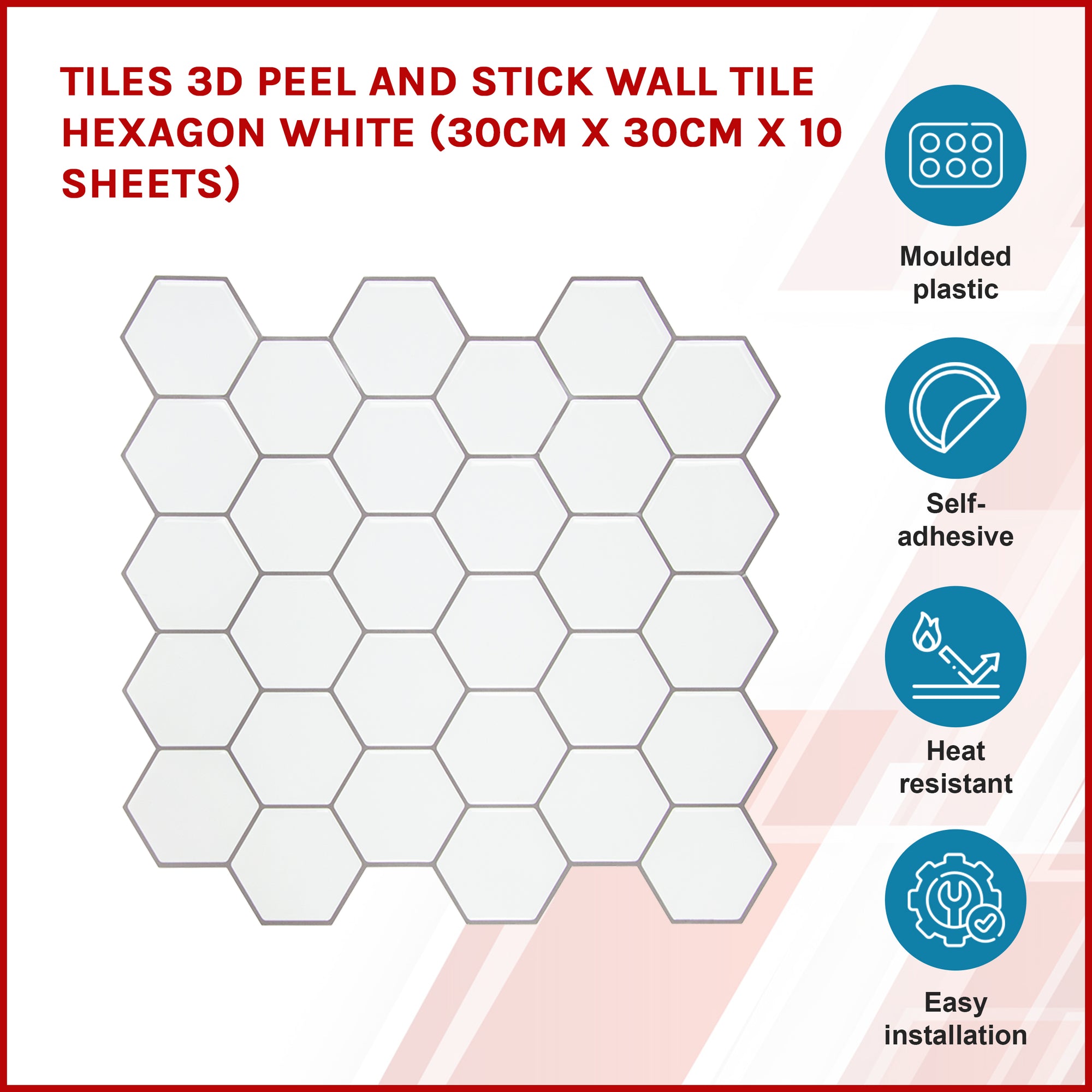 Tiles 3D Peel and Stick Wall Tile Hexagon White (30cm x 30cm x 10 sheets)