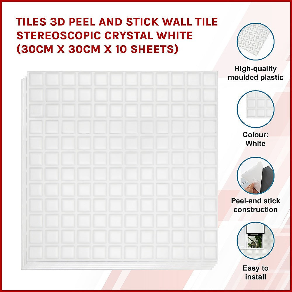 Tiles 3D Peel and Stick Wall Tile Stereoscopic Crystal White (30cm x 30cm x 10 sheets)