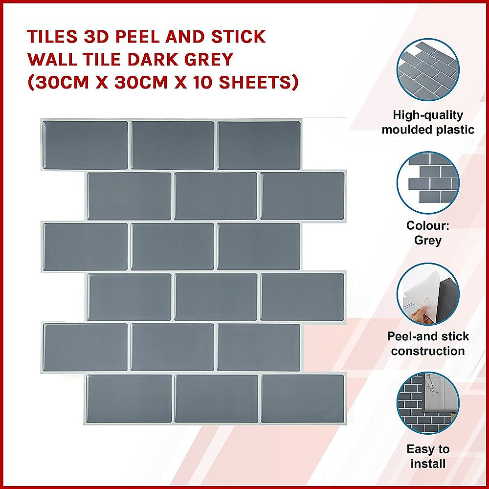 Tiles 3D Peel and Stick Wall Tile Dark Grey (30cm x 30cm x 10 sheets)