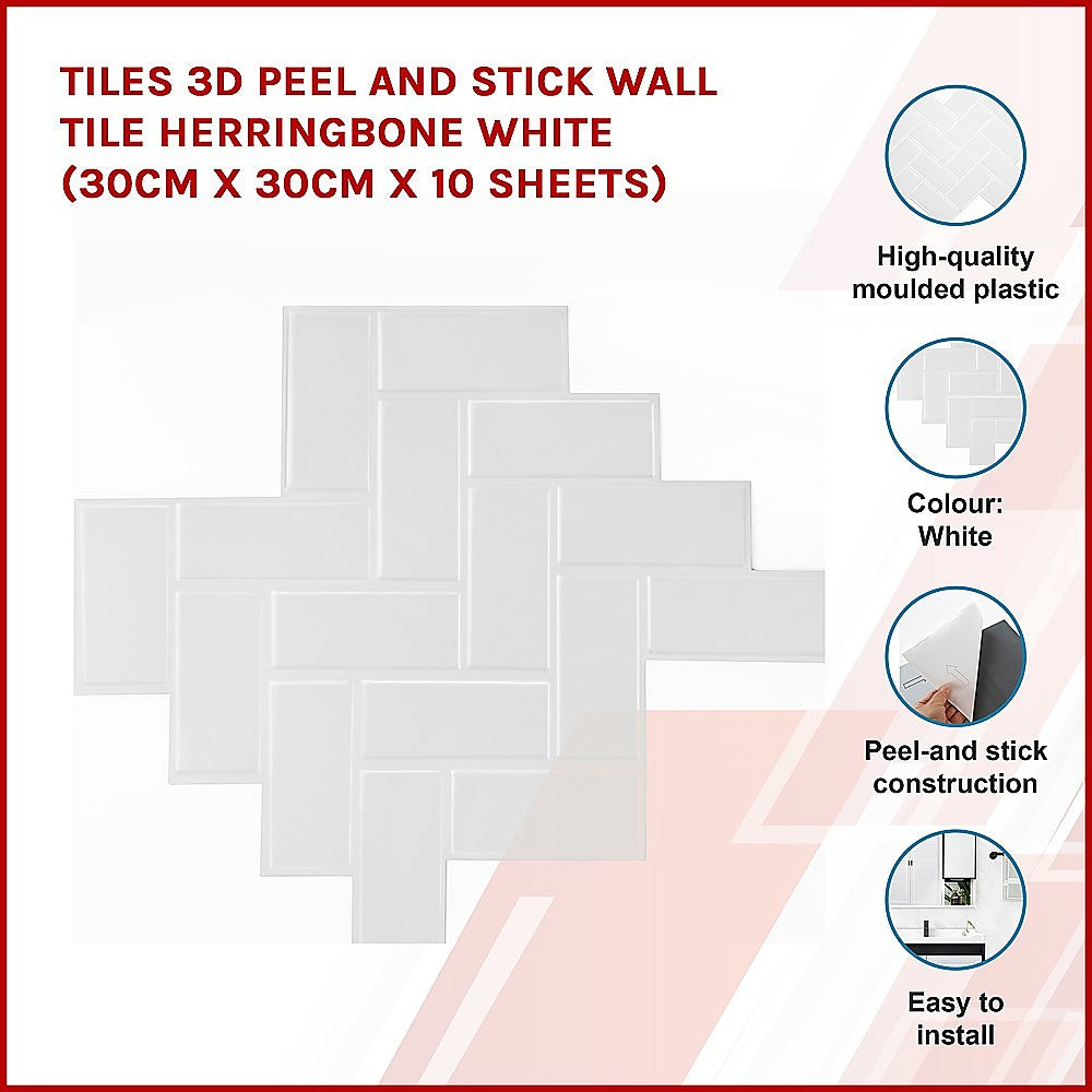 Tiles 3D Peel and Stick Wall Tile Herringbone White (30cm x 30cm x 10 sheets)