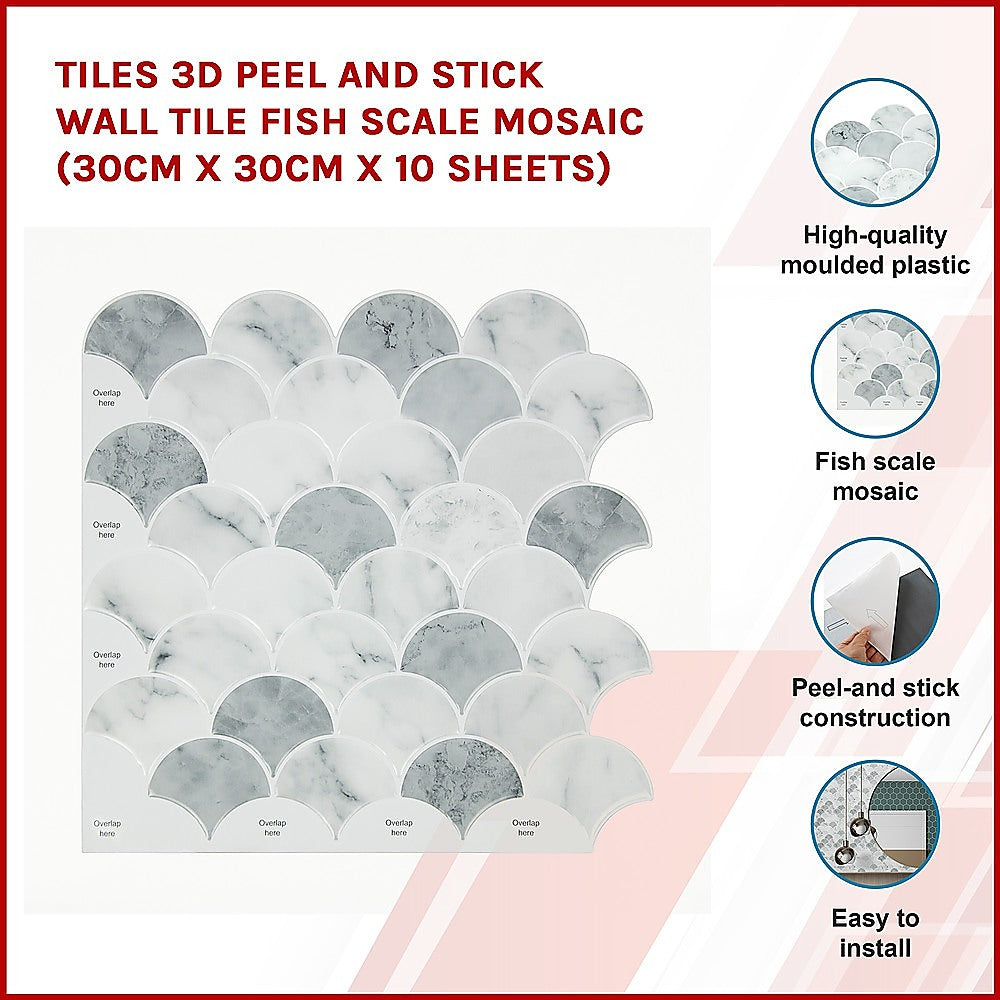 Tiles 3D Peel and Stick Wall Tile Fish Scale Mosaic (30cm x 30cm x 10 sheets)