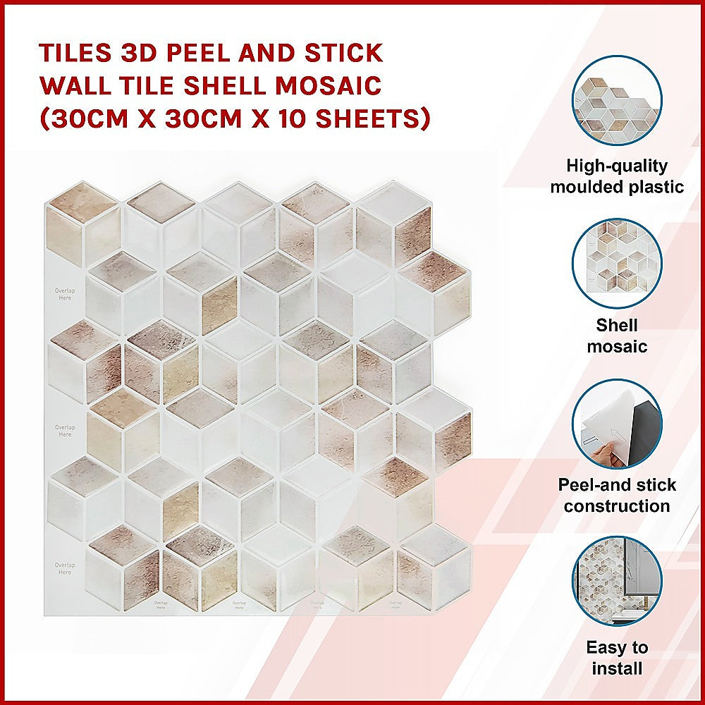 Tiles 3D Peel and Stick Wall Tile Shell Mosaic (30cm x 30cm x 10 sheets)