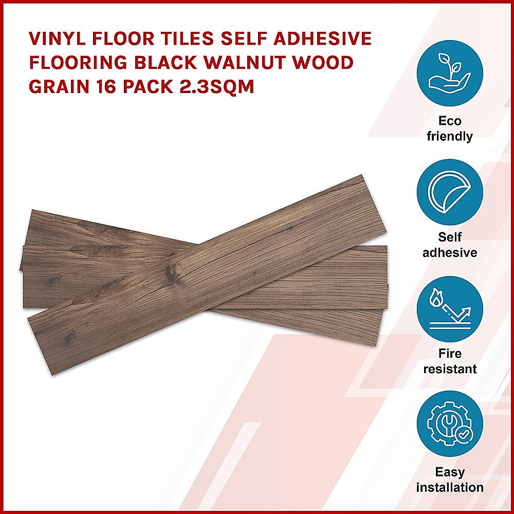 Vinyl Floor Tiles Self Adhesive Flooring Black Walnut Wood Grain 16 Pack 2.3SQM