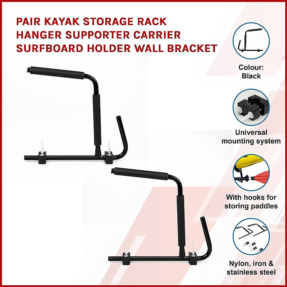 Pair Kayak Storage Rack Hanger Supporter Carrier Surfboard Holder Wall Bracket