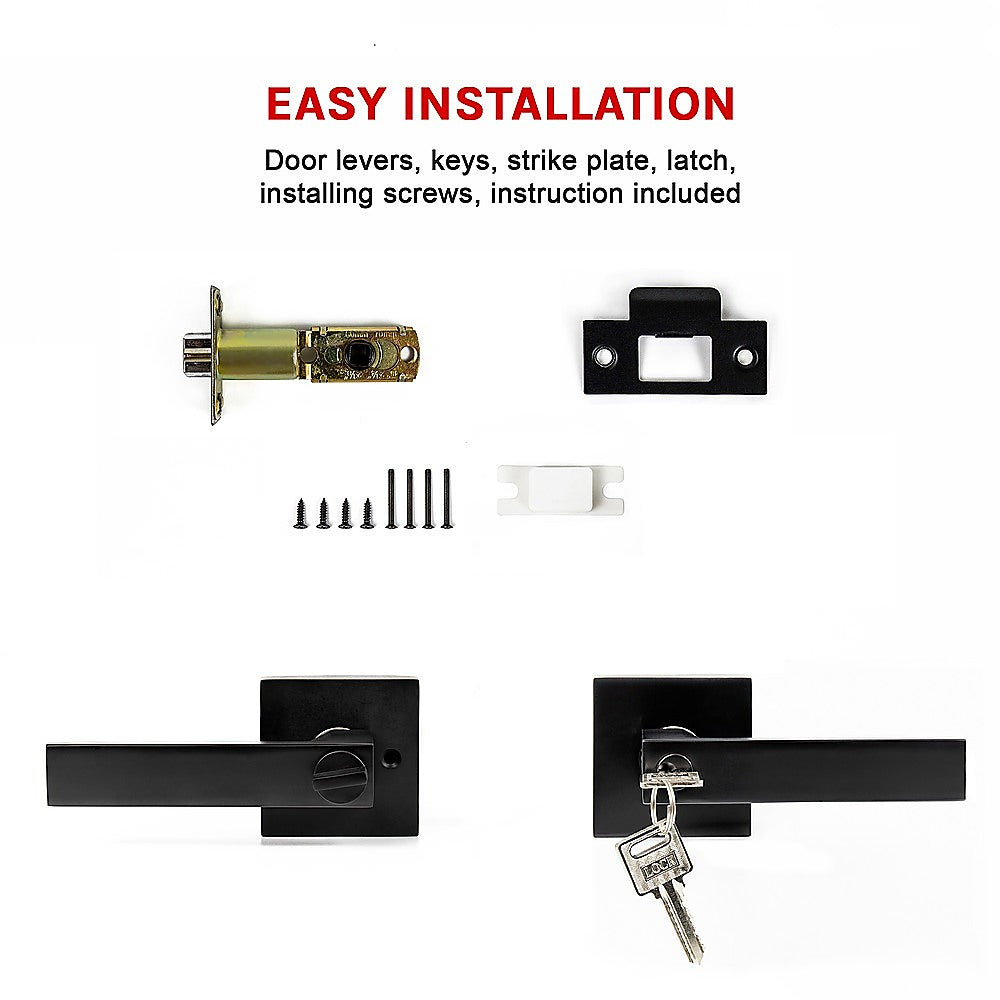 Door Handle Set Lever Key Lock Function Square Black