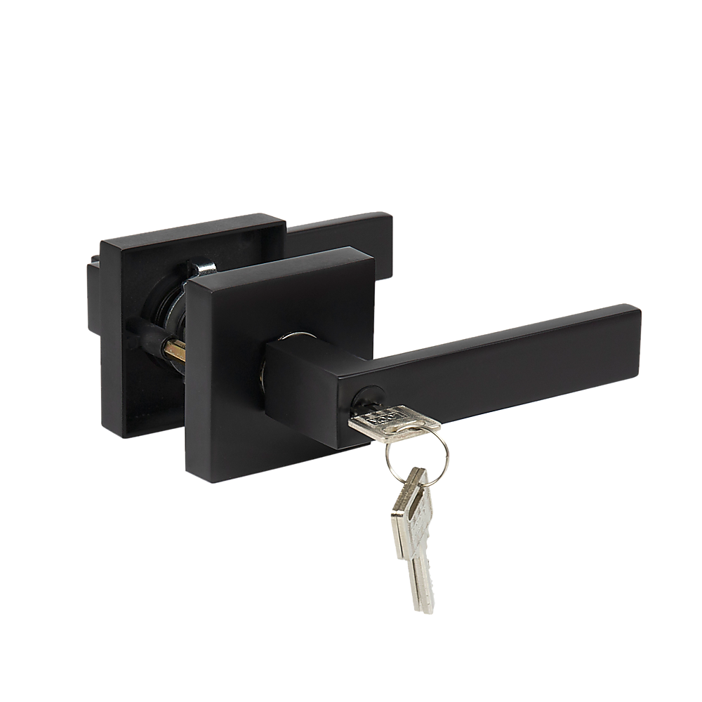 Door Handle Set Lever Key Lock Function Square Black