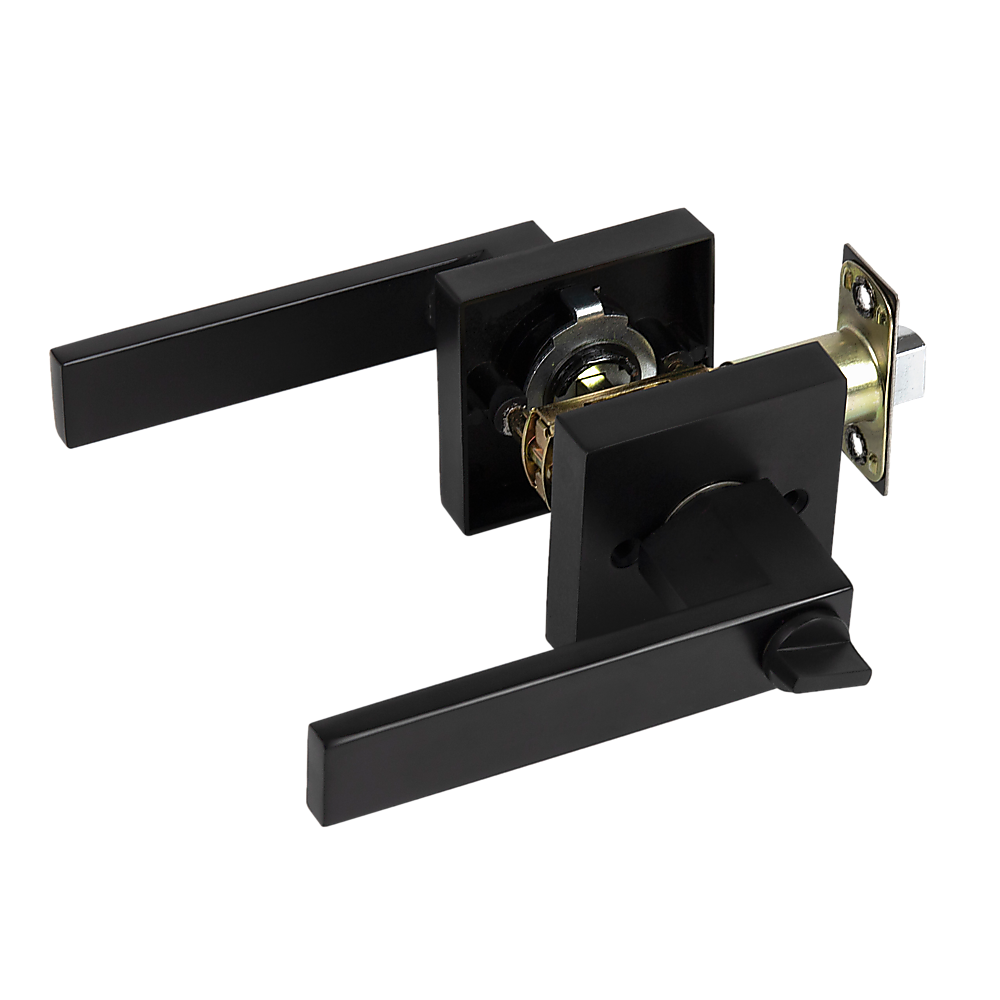 Door Handle Set Lever Key Lock Function Square Black