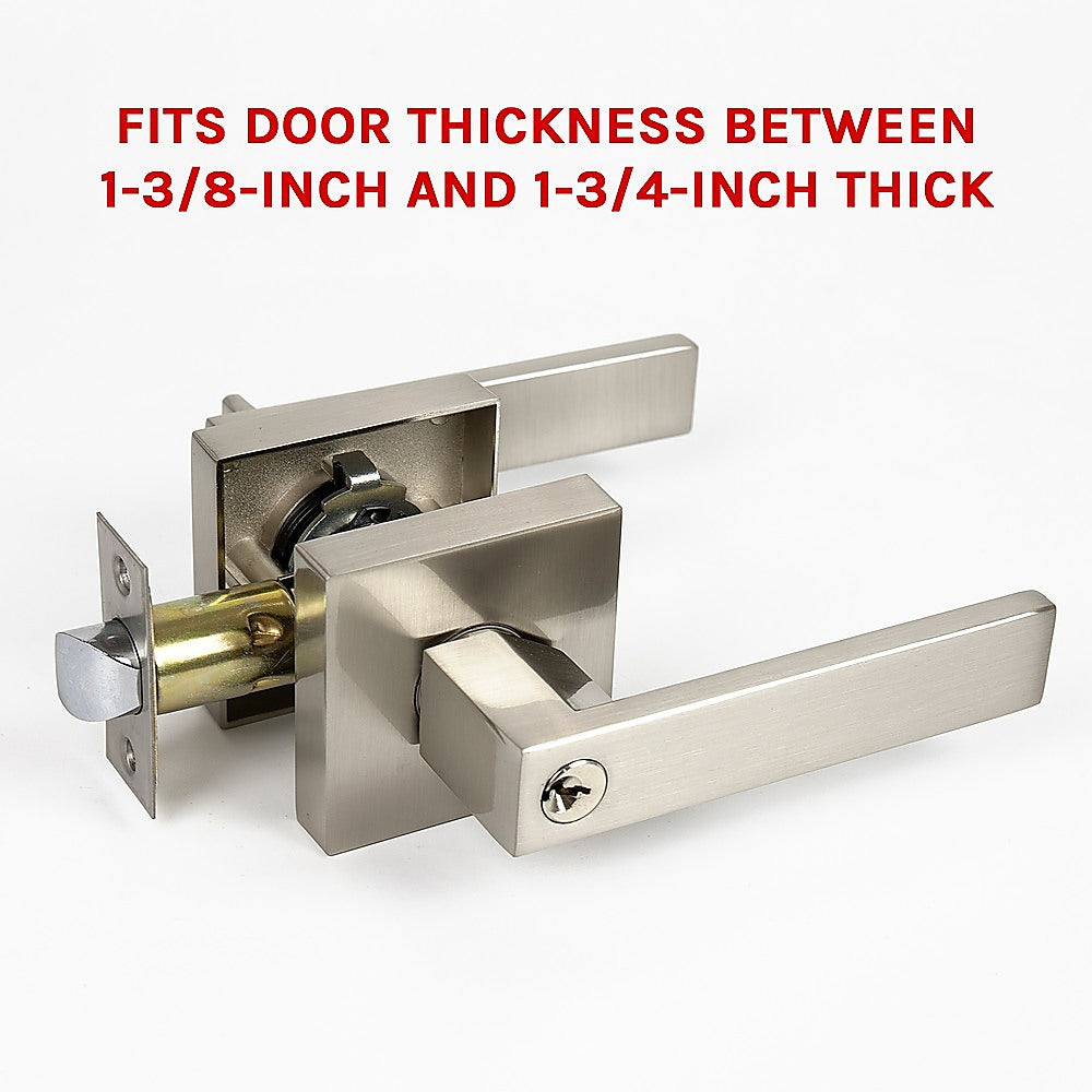 Door Handle Set Lever Key Lock Function Square Satin Nickel
