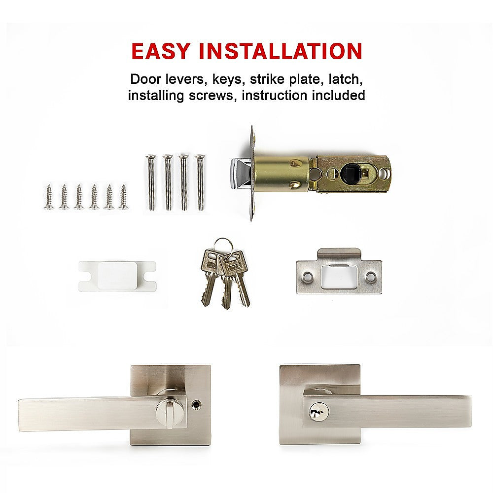 Door Handle Set Lever Key Lock Function Square Satin Nickel