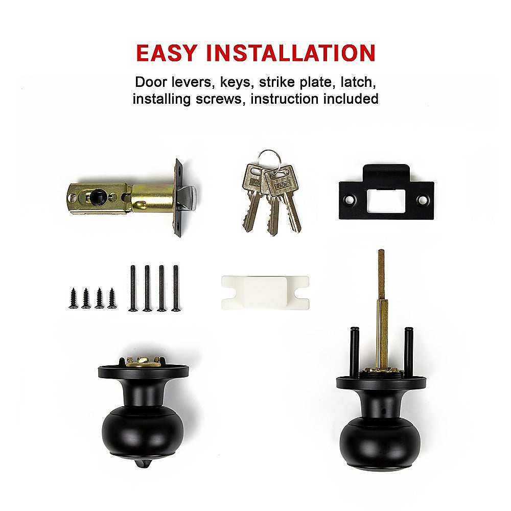 Door Handle Set Lever Key Lock Function Round Black