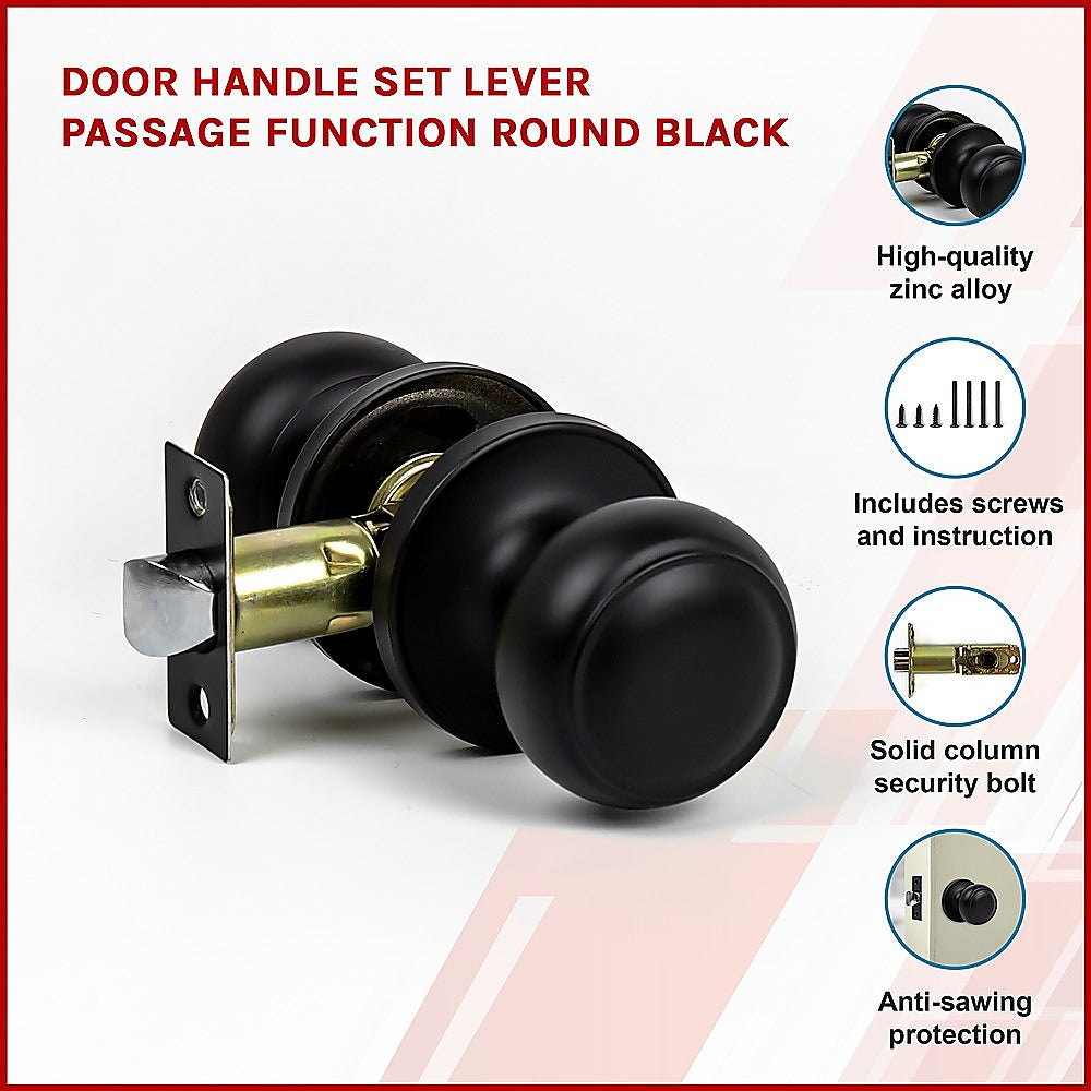 Door Handle Set Lever Passage Function Round Black