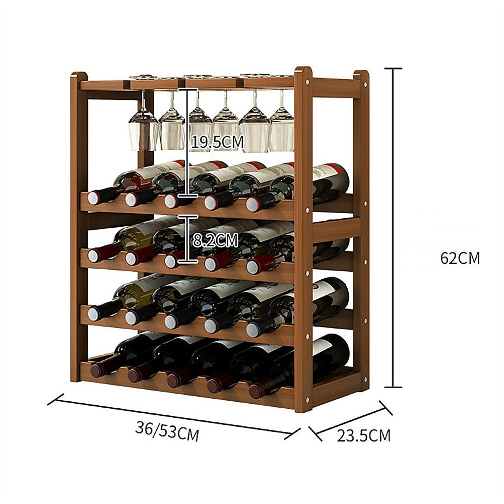 Wine Rack Free Standing 20 Bottles with 8 Glasses Holder Bamboo Wine Storage