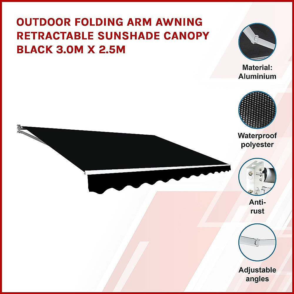 Outdoor Folding Arm Awning Retractable Sunshade Canopy Black 3.0m x 2.5m