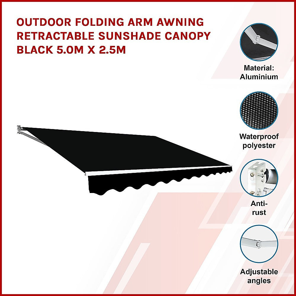 Outdoor Folding Arm Awning Retractable Sunshade Canopy Black 5.0m x 2.5m