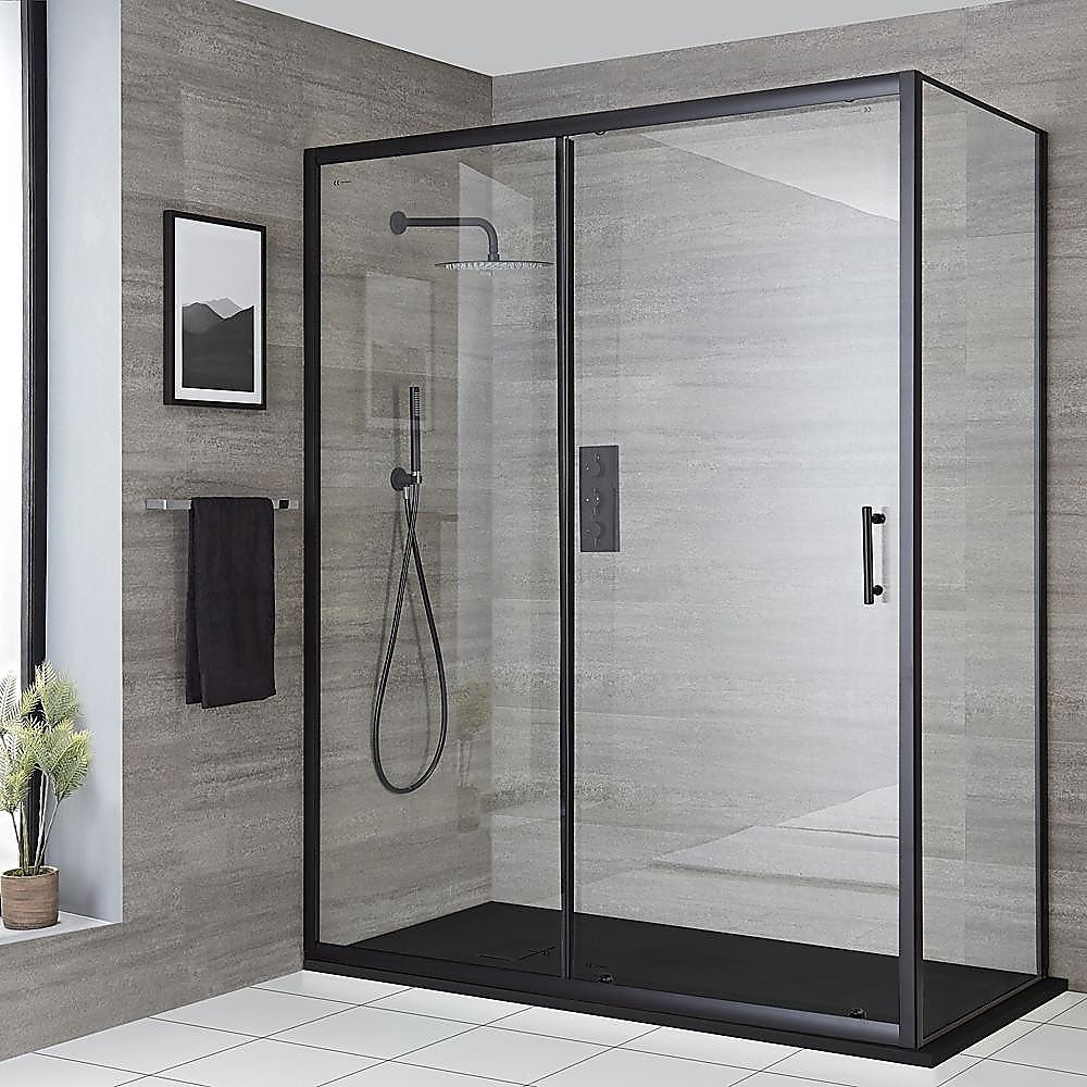 Adjustable 1300x800mm Single Door Corner Sliding Glass Shower Screen in Black