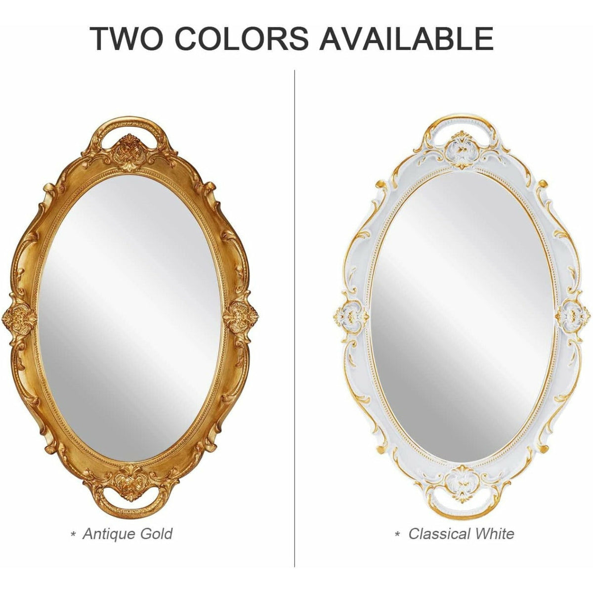 Oval Antique White 25 x 38 cm Vintage Carved Hanging Wall Mirror for Bedroom and Living-Room