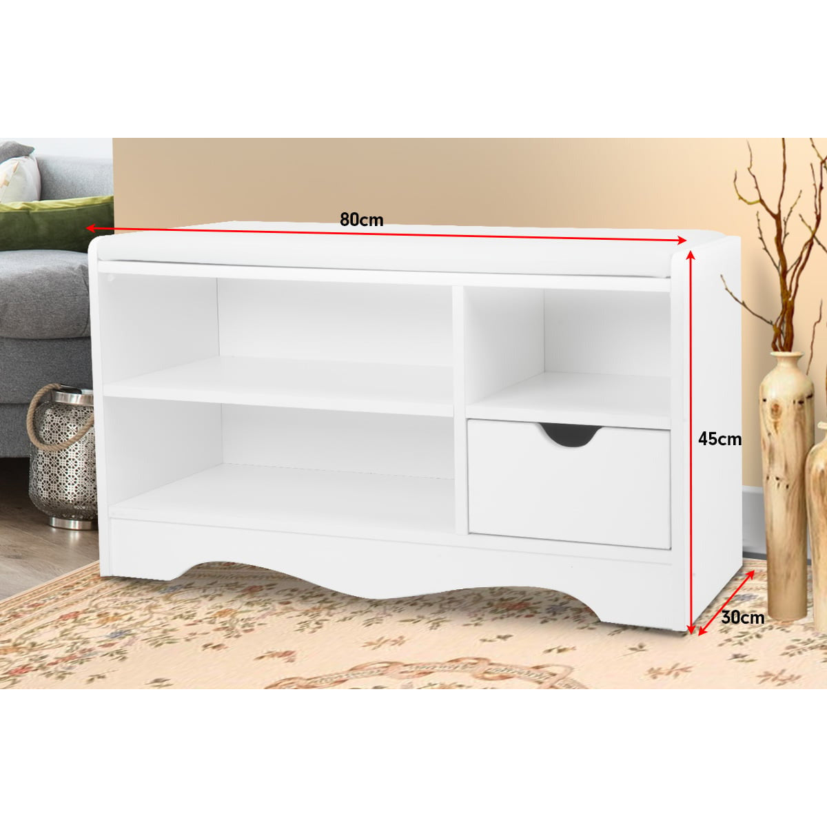 Shoe Rack Cabinet Organiser White Cushion - 80 x 30 x 45cm - White