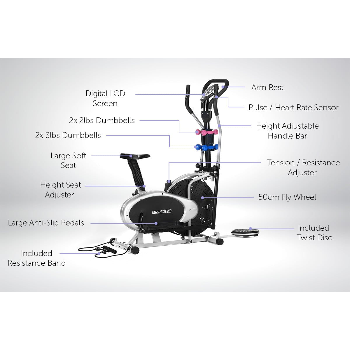 Powertrain 6-in-1 Elliptical Cross Trainer Bike with Weights and Twist Disc