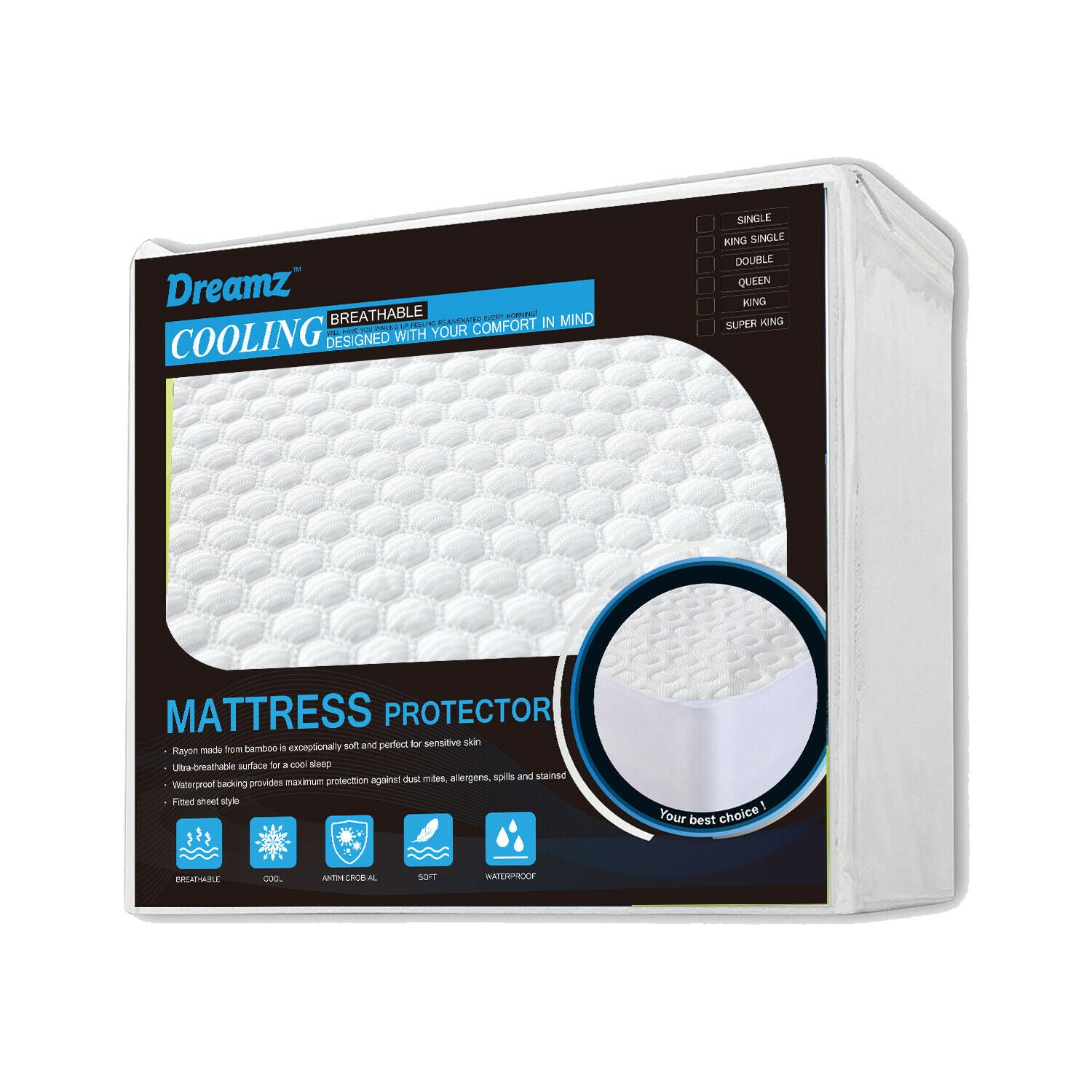 DreamZ Mattress Protector Topper Polyester Cool Fitted Cover Waterproof King