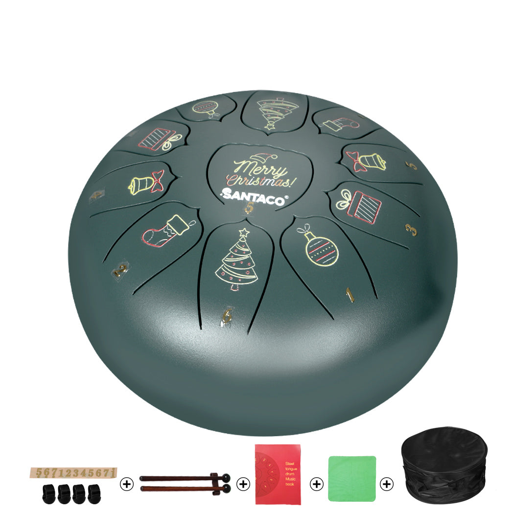 10〞Steel Tongue Drum 11 Notes Handpan And Bag Mallet Christmas Gifts Green