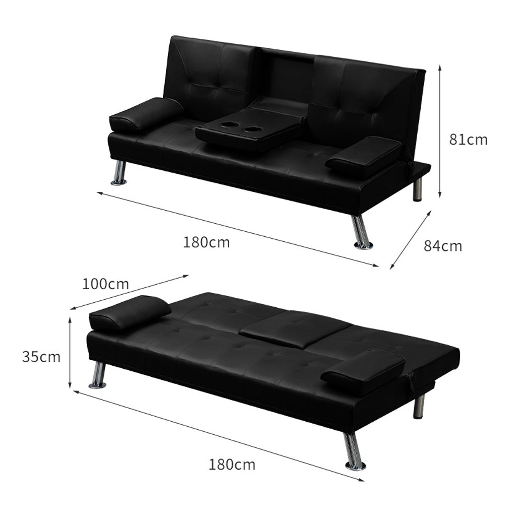 Adjustable Sofa Bed Lounge Futon Couch Leather Beds 3 Seater Cup Holder Recliner Black