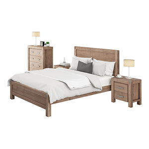 4 Pieces Bedroom Suite in Solid Wood Veneered Acacia Construction Timber Slat King Single Size Oak Colour Bed, Bedside Table & Tallboy