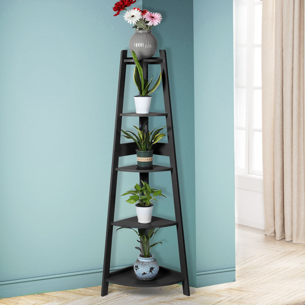 Levede 5 Tier Corner Shelf Wooden Storage Home Display Rack Plant Stand Black