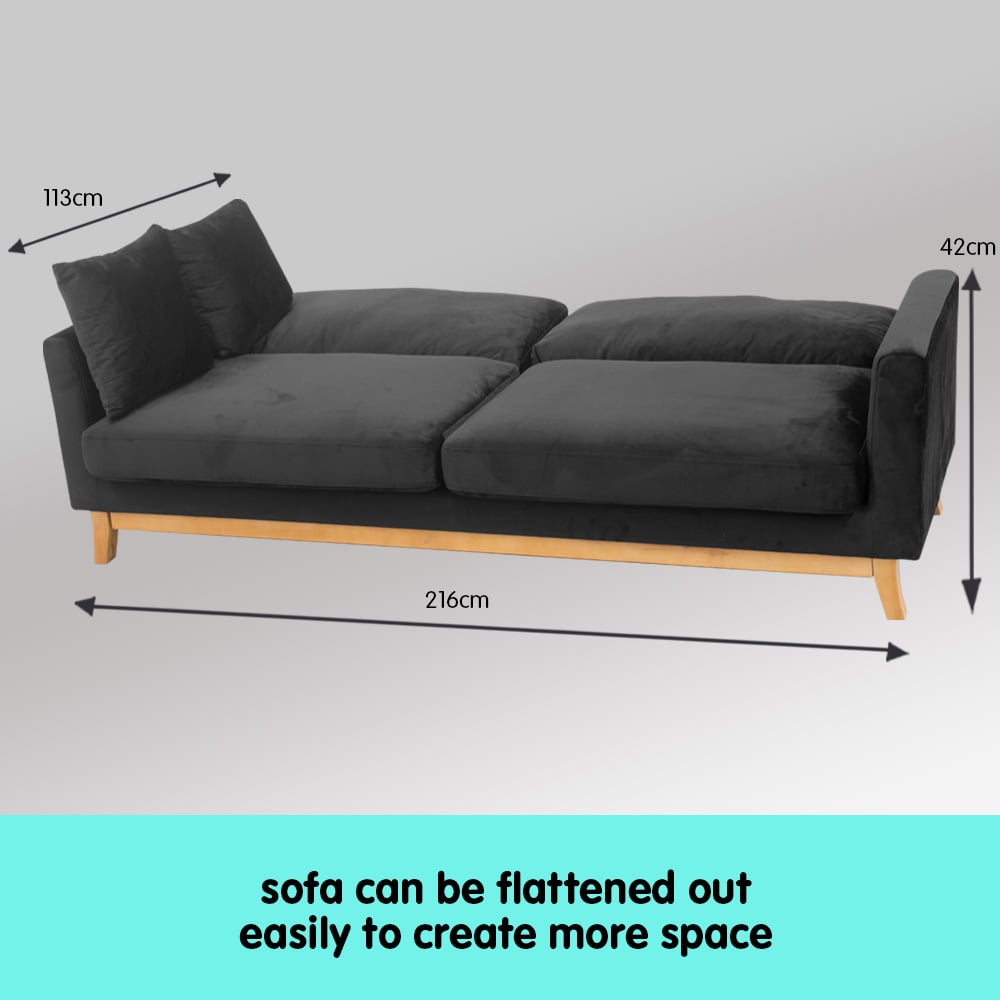 Sarantino 3 Seater Faux Velvet Wooden Sofa Bed Couch Furniture - Black