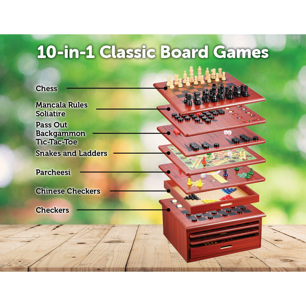 10 in 1 Wooden Chess Board Games Slide Out Checkers House Unit Set