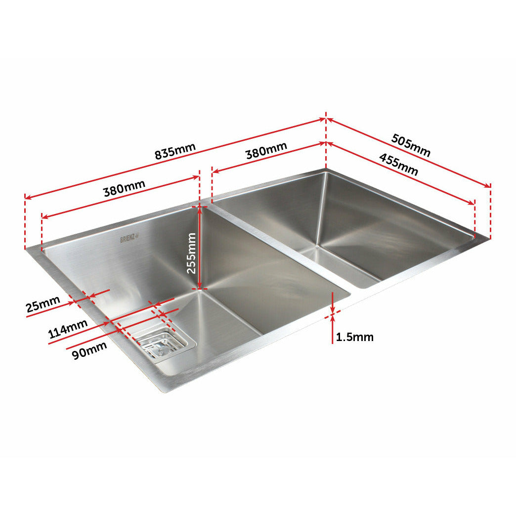 835x505mm Handmade 1.5mm Stainless Steel Undermount / Topmount Kitchen Sink with Square Waste