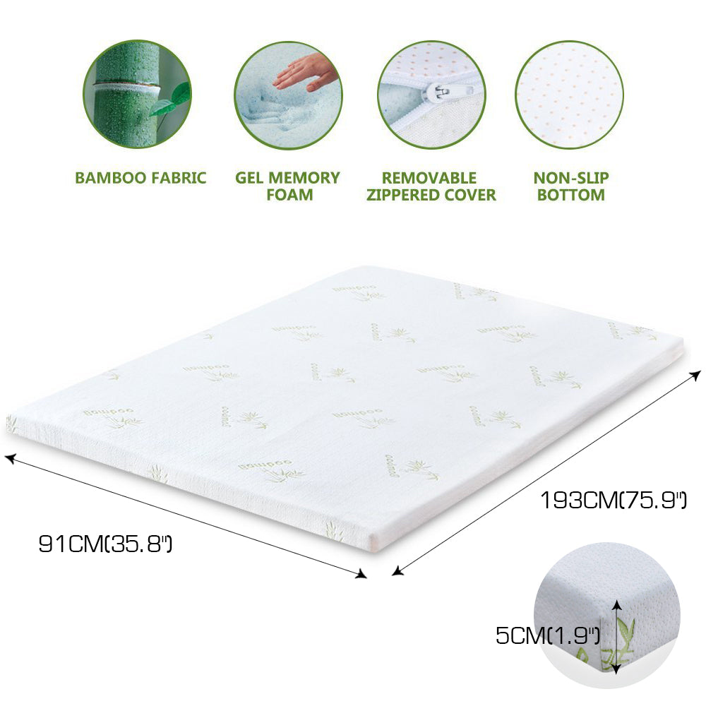 DreamZ 5cm Thickness Cool Gel Memory Foam Mattress Topper Bamboo Fabric Single